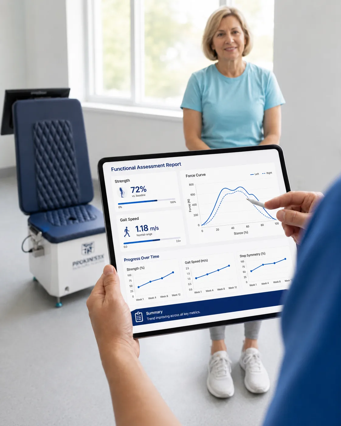 Informe funcional en tablet con curvas de fuerza y velocidad de marcha