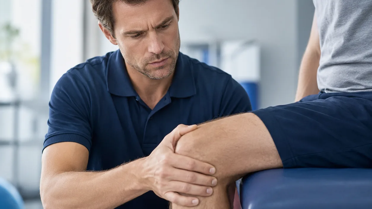 Fisioterapeuta evaluando manualmente la rodilla de un paciente, sin instrumentos de medición