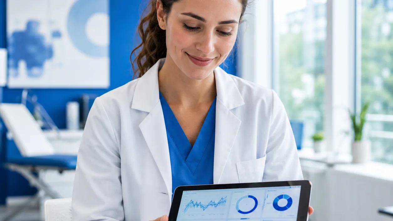 Profesional de la salud revisando un informe funcional con gráficas en una tablet