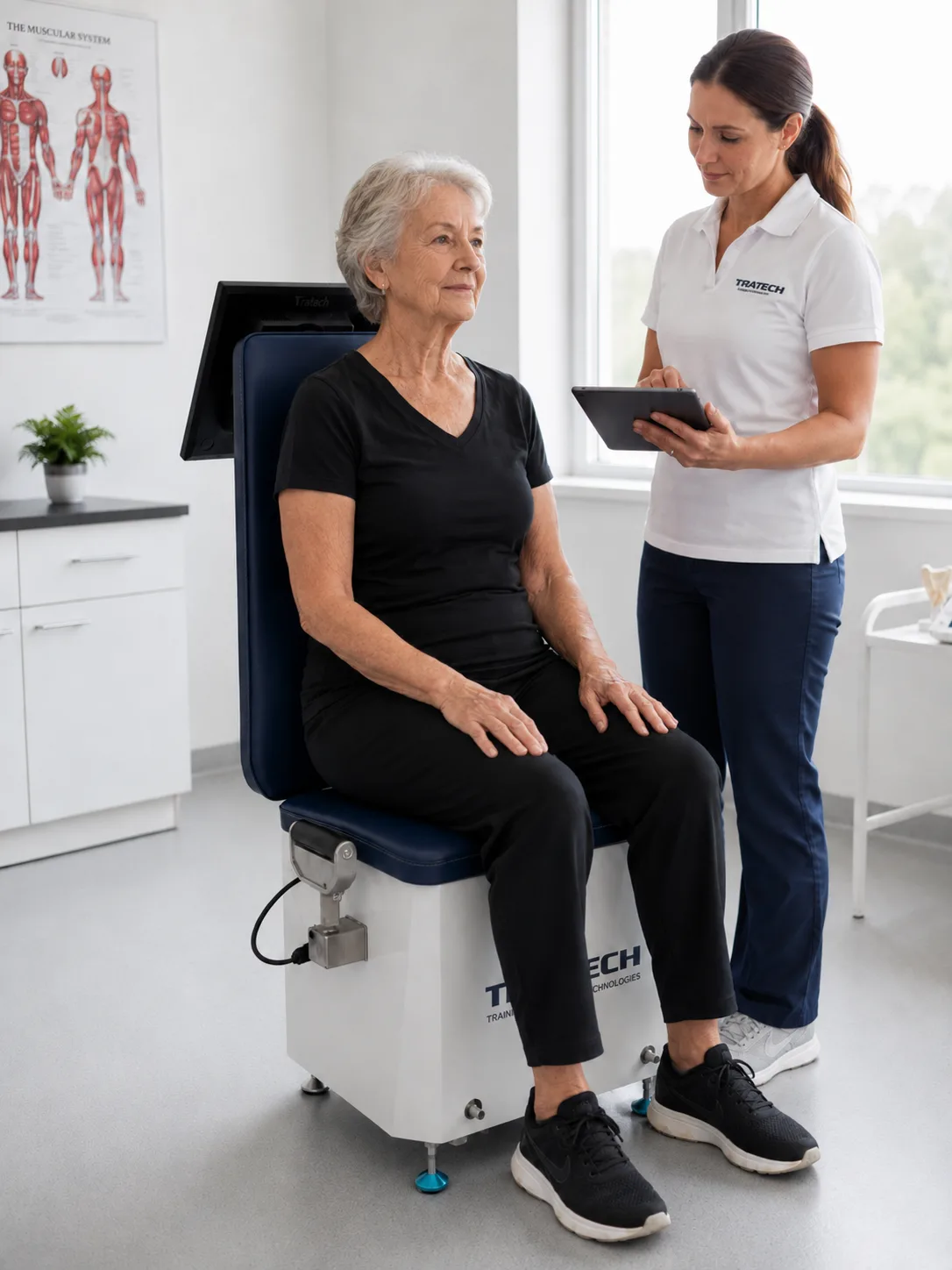 Persona mayor realizando una evaluación funcional en WellBench con apoyo profesional